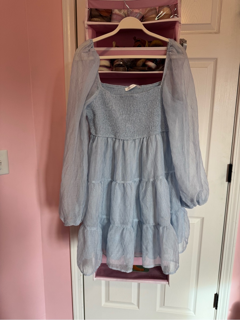 Altar'd State Light Blue Tiered Puff-Sleeve Mini Dress
